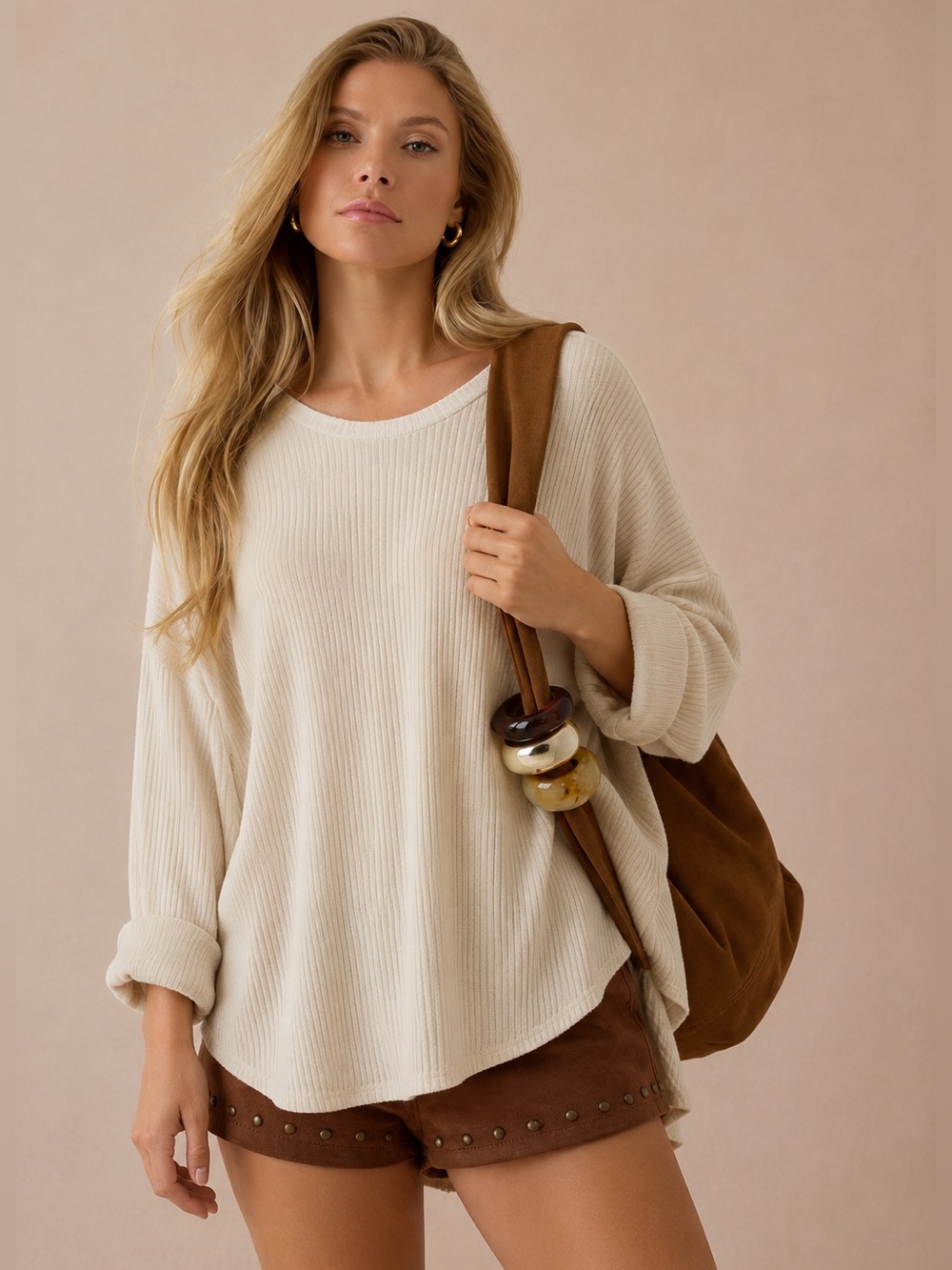 Carly Jean Los Angeles Longsleeve scoop neck dolman sleeve cream blouse